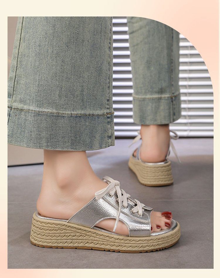 Lace-Up Platform Faux Leather Slide Sandals