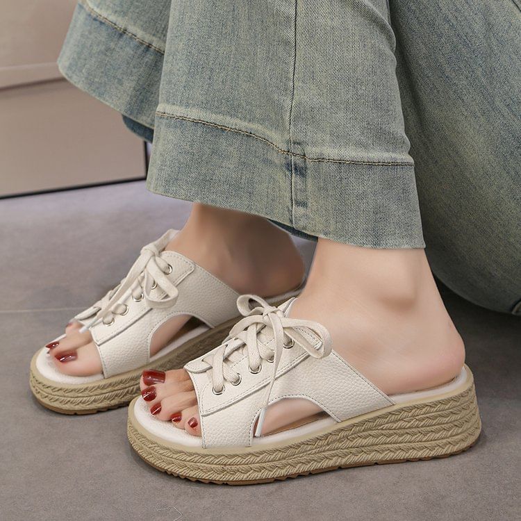 Lace-Up Platform Faux Leather Slide Sandals