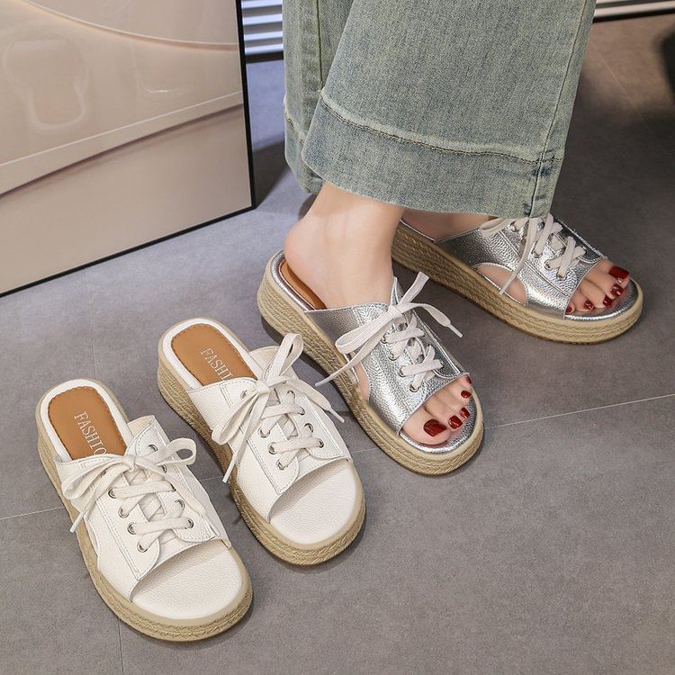 Lace-Up Platform Faux Leather Slide Sandals