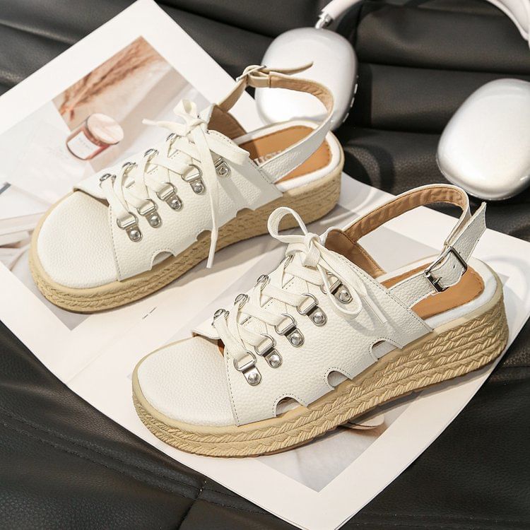 Lace-Up Slingback Faux Leather Wedge Sandals