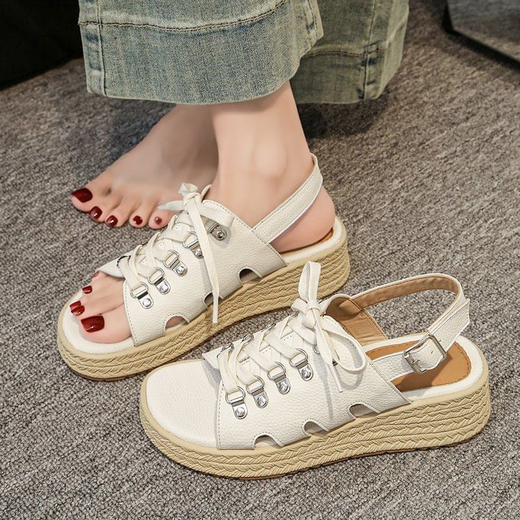 Lace-Up Slingback Faux Leather Wedge Sandals