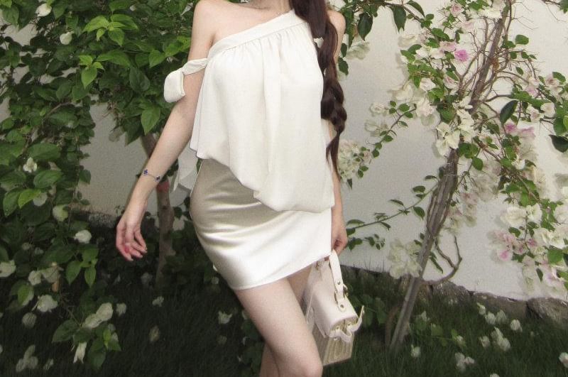 Off-Shoulder Asymmetrical Top with Satin Mini Pencil and Mermaid Skirt Set