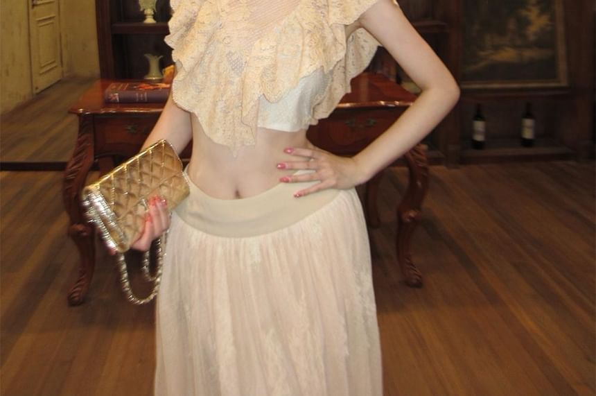 Mock Neck Cap Sleeve Lace Crop Top and Mid Rise Maxi Skirt Set