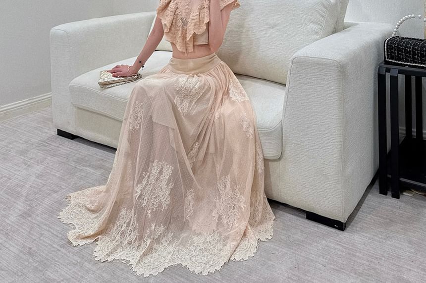 Mock Neck Cap Sleeve Lace Crop Top and Mid Rise Maxi Skirt Set