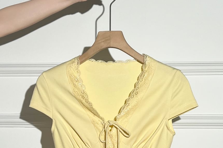 Cap-Sleeve V-Neck Plain Lace Trim T-Shirt