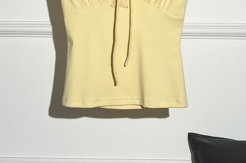Cap-Sleeve V-Neck Plain Lace Trim T-Shirt