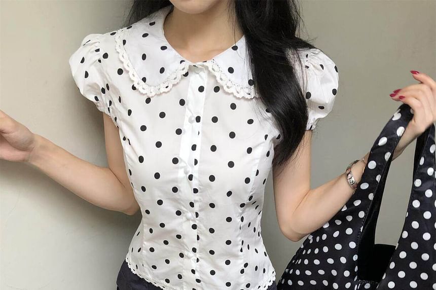 Puff Cap Sleeve Collared Polka Dot Lace Trim Blouse