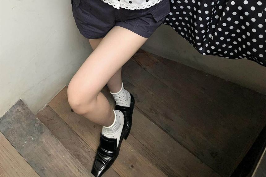 Puff Cap Sleeve Collared Polka Dot Lace Trim Blouse