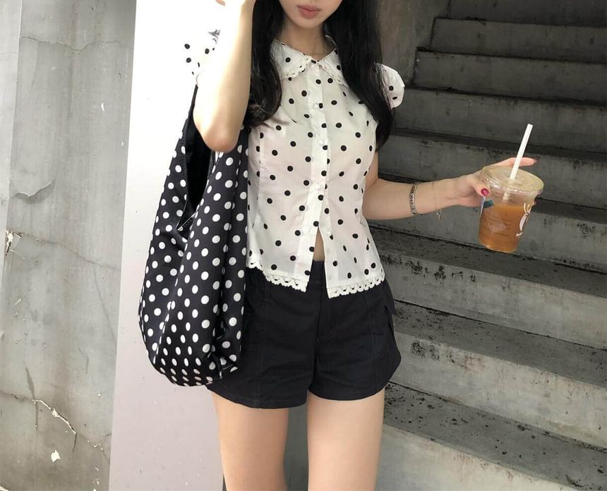 Puff Cap Sleeve Collared Polka Dot Lace Trim Blouse