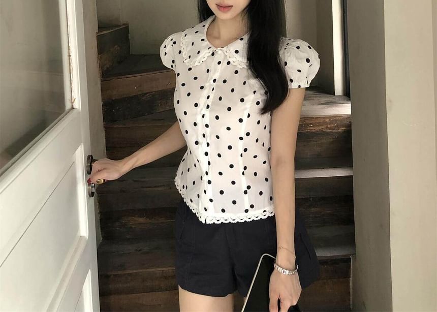 Puff Cap Sleeve Collared Polka Dot Lace Trim Blouse