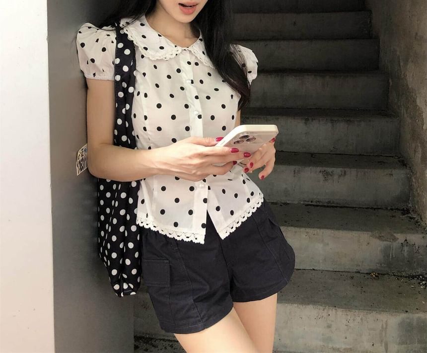 Puff Cap Sleeve Collared Polka Dot Lace Trim Blouse