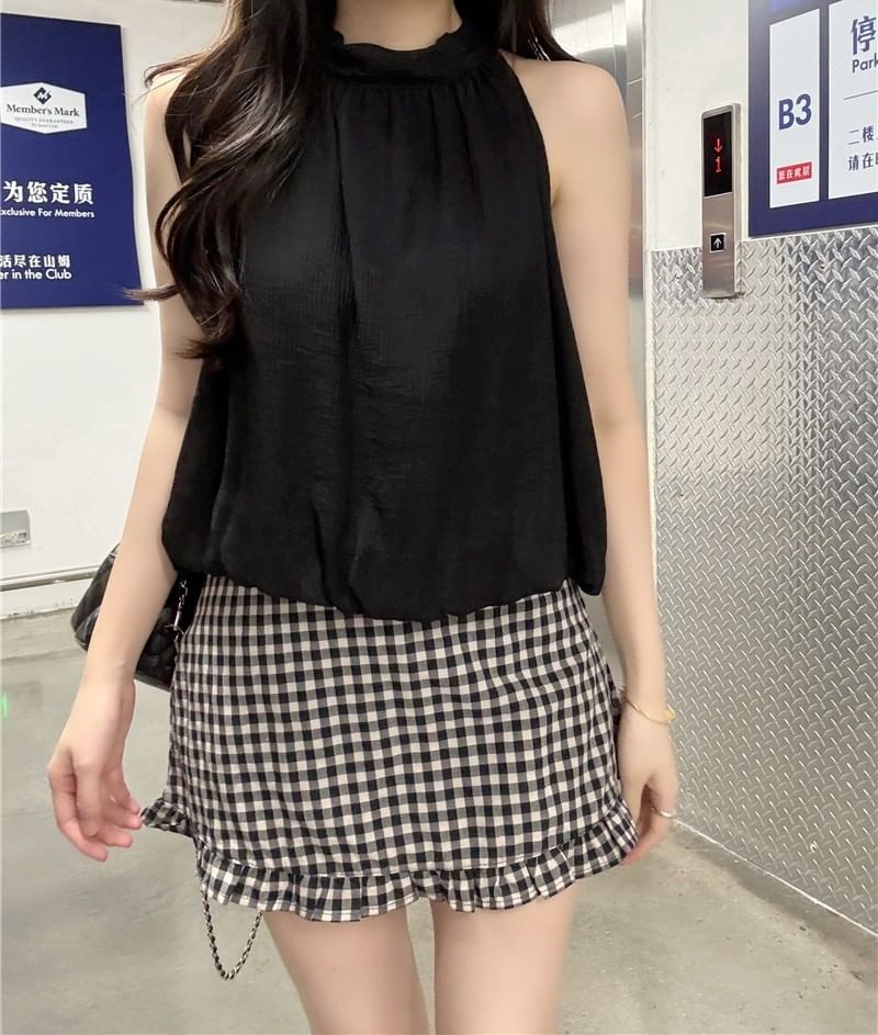 Halter Neck Plain Loose-Fit Tank Top / High Waist Gingham Ruffled Hem Mini Skirt