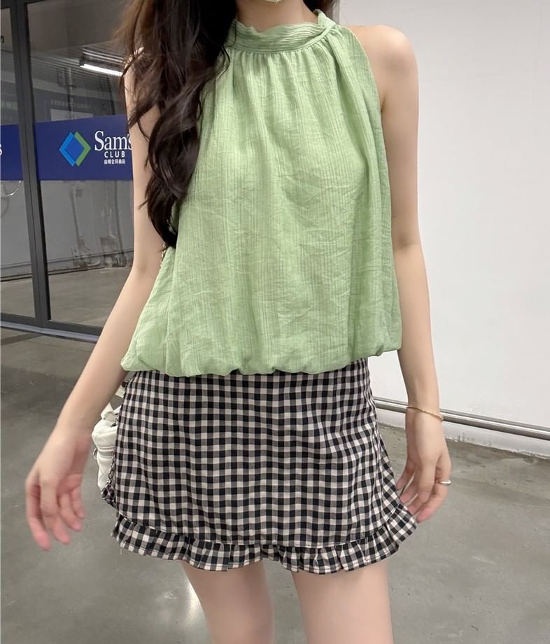 Halter Neck Plain Loose-Fit Tank Top / High Waist Gingham Ruffled Hem Mini Skirt