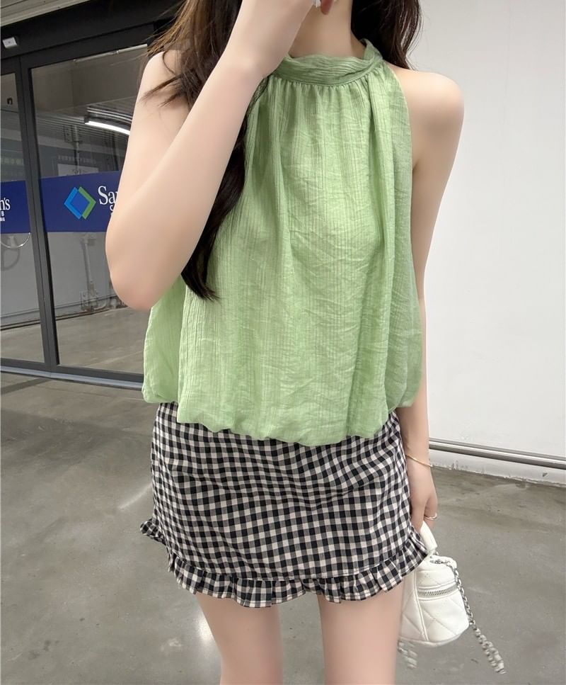 Halter Neck Plain Loose-Fit Tank Top / High Waist Gingham Ruffled Hem Mini Skirt