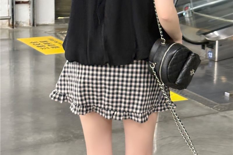 Halter Neck Plain Loose-Fit Tank Top / High Waist Gingham Ruffled Hem Mini Skirt
