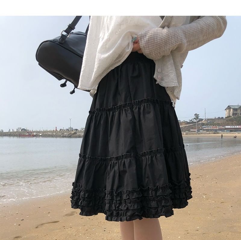 High Waist Plain Ruffled Mini Tiered Skirt