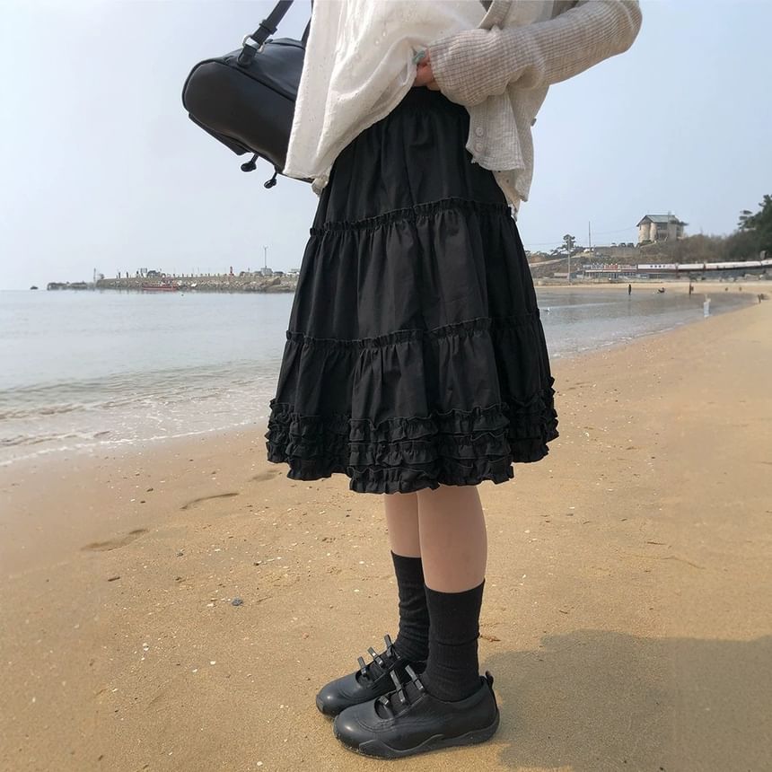High Waist Plain Ruffled Mini Tiered Skirt