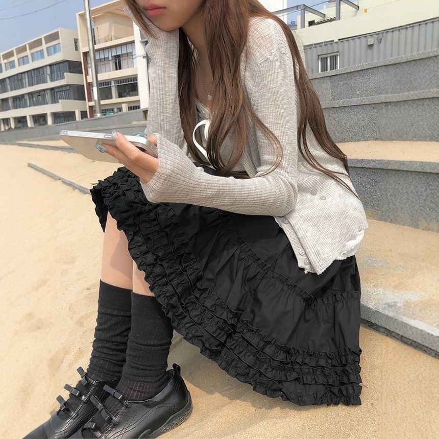 High Waist Plain Ruffled Mini Tiered Skirt