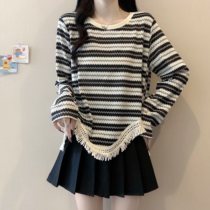 Fringed Striped Crew Neck Long-Sleeve Knit Top
