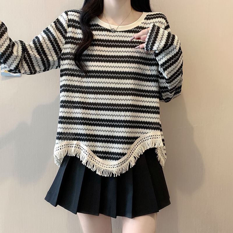 Fringed Striped Crew Neck Long-Sleeve Knit Top