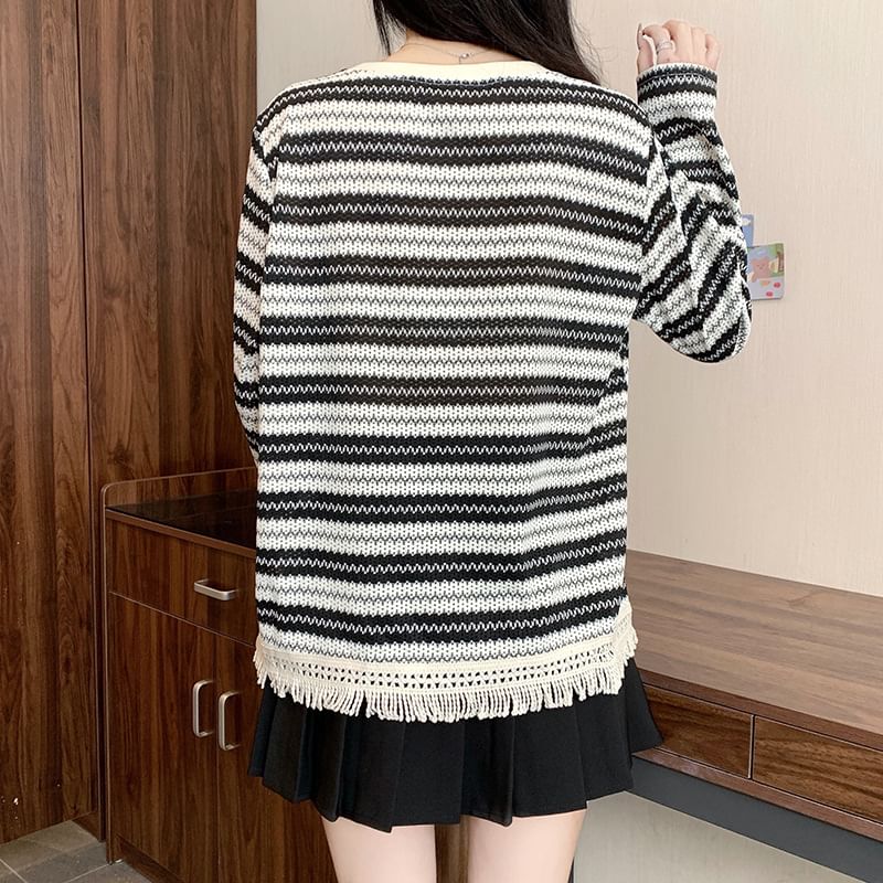 Fringed Striped Crew Neck Long-Sleeve Knit Top