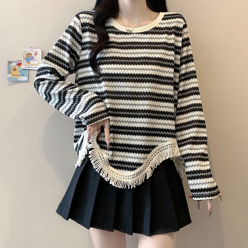 Fringed Striped Crew Neck Long-Sleeve Knit Top