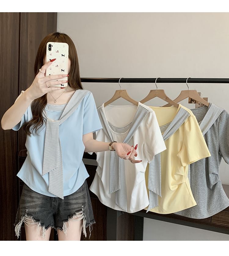 Striped Ruched Two-Piece Scoop Neck Tee
