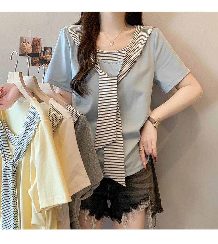 Striped Ruched Two-Piece Scoop Neck Tee