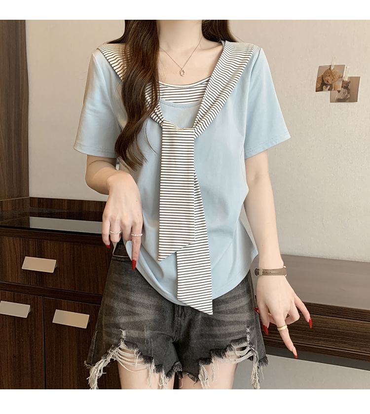 Striped Ruched Two-Piece Scoop Neck Tee