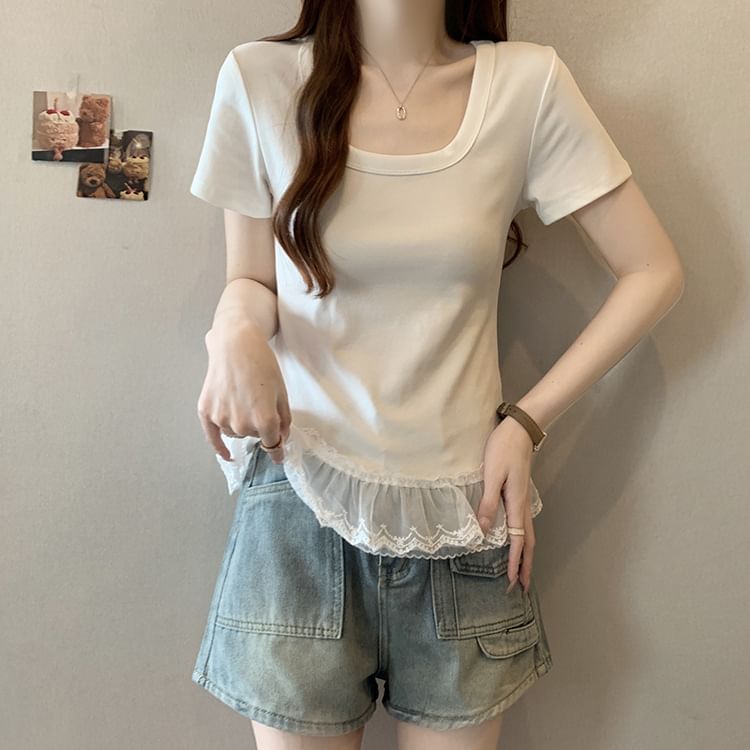 Short-Sleeve Scoop Neck Lace Panel Slim Fit T-Shirt