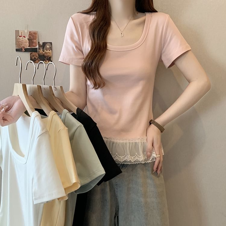 Short-Sleeve Scoop Neck Lace Panel Slim Fit T-Shirt