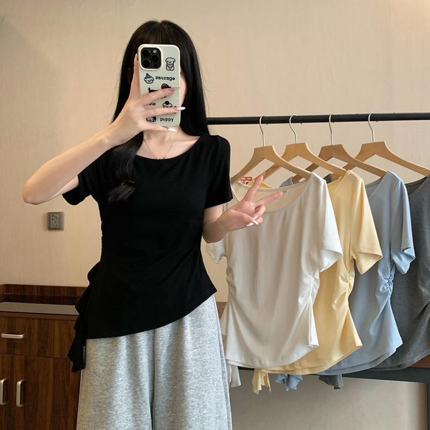 Asymmetrical Ruffle Trim Boat Neck Short Tee