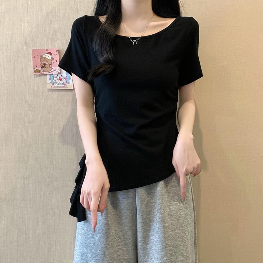 Asymmetrical Ruffle Trim Boat Neck Short Tee