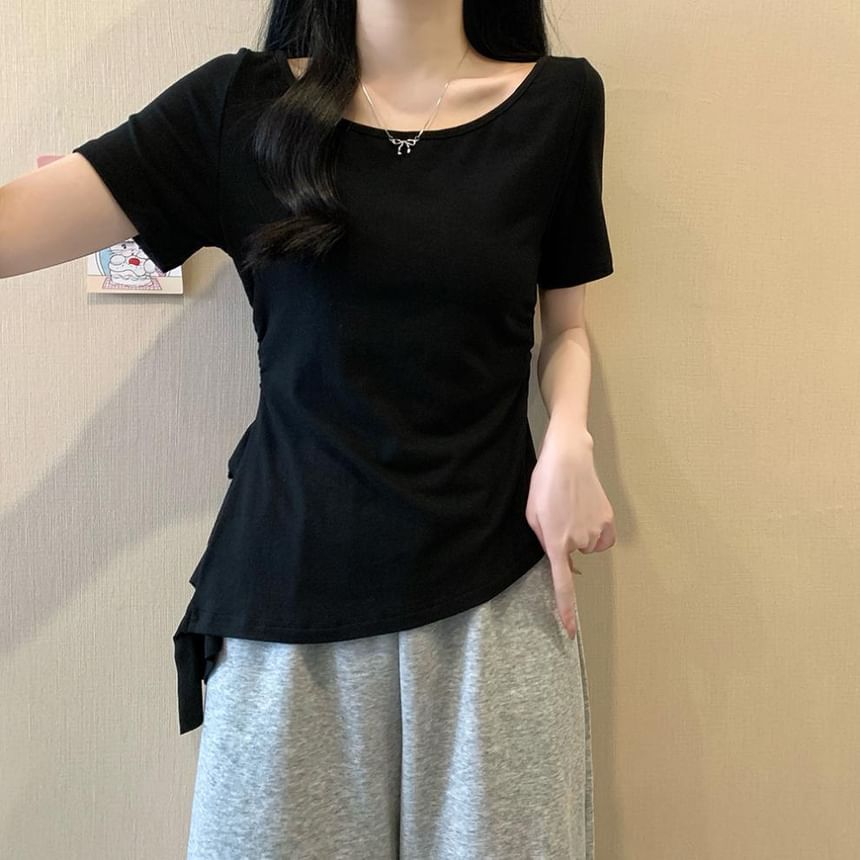 Asymmetrical Ruffle Trim Boat Neck Short Tee