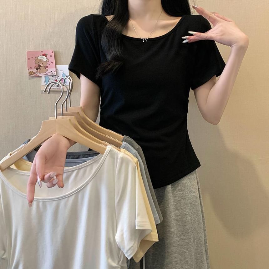 Asymmetrical Ruffle Trim Boat Neck Short Tee