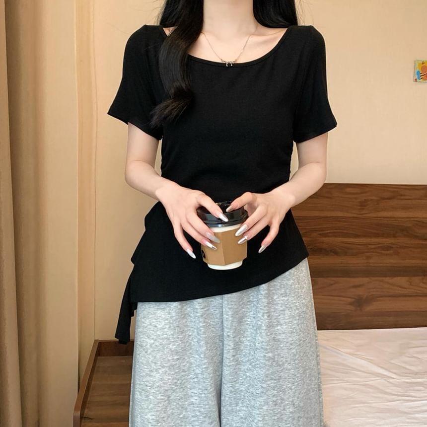Asymmetrical Ruffle Trim Boat Neck Short Tee