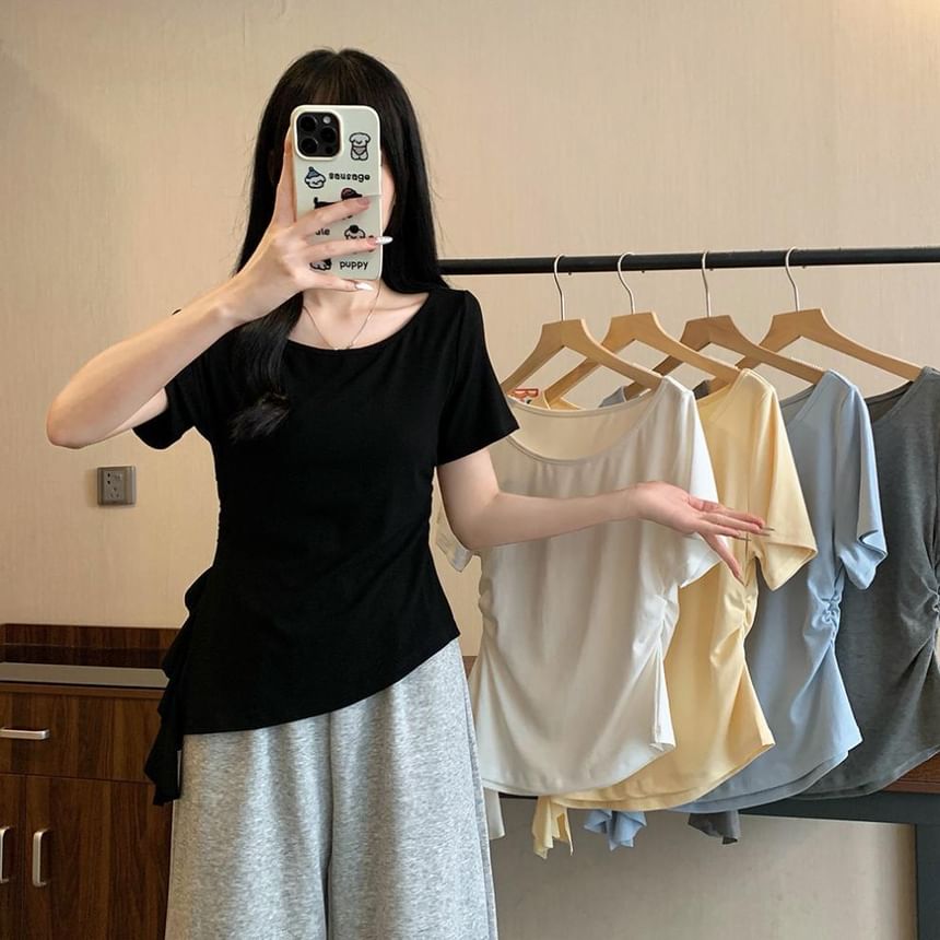 Asymmetrical Ruffle Trim Boat Neck Short Tee