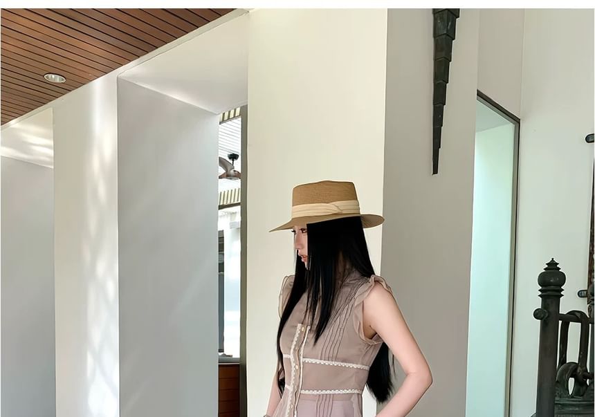 Sleeveless Plain Lace Trim Cutout Ruffle Blouse