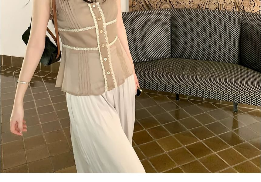 Sleeveless Plain Lace Trim Cutout Ruffle Blouse