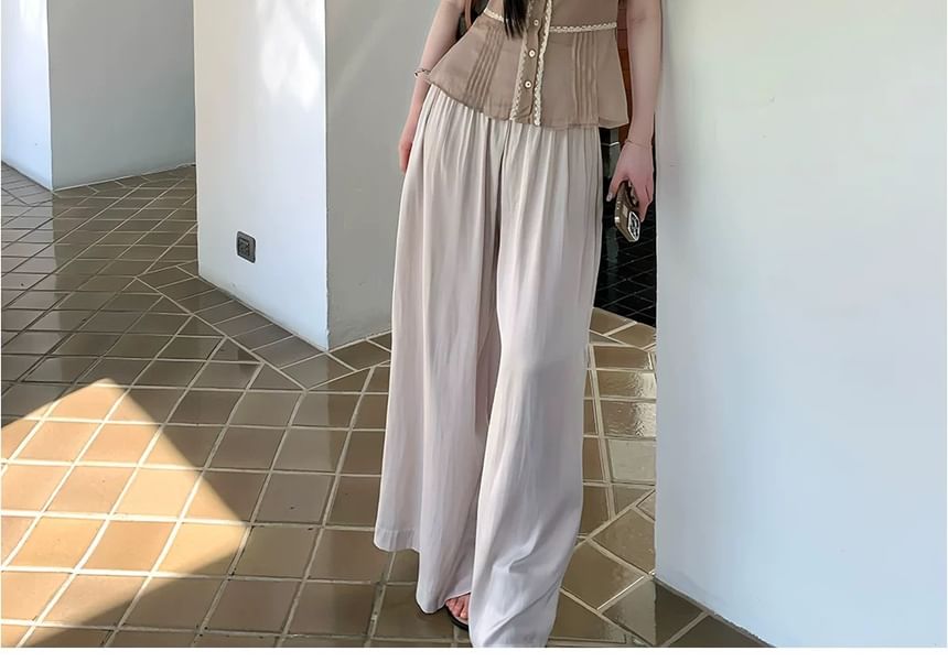 Sleeveless Plain Lace Trim Cutout Ruffle Blouse