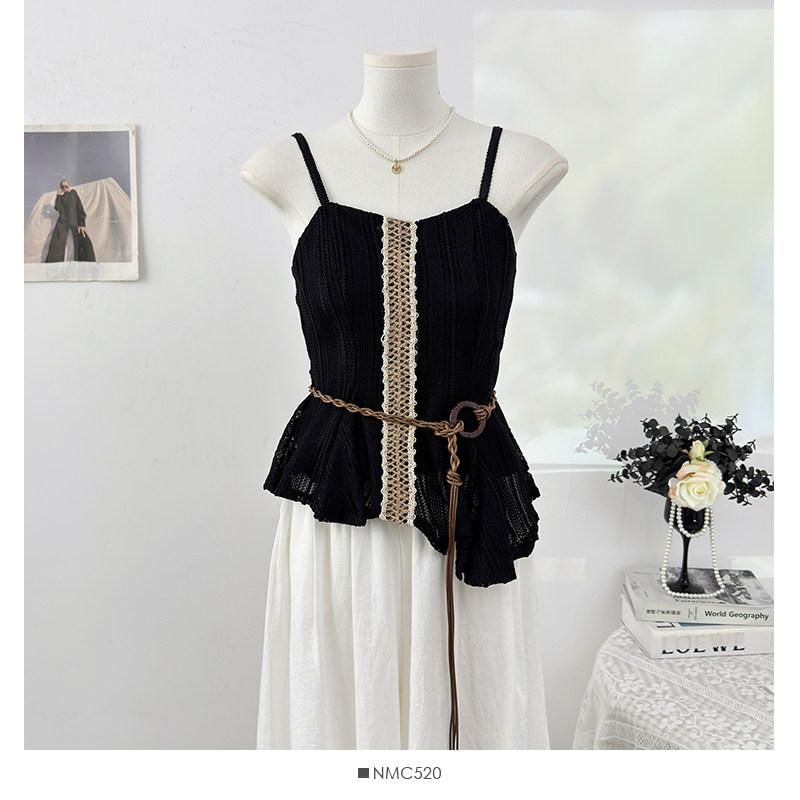 Spaghetti Strap V-Neck Lace Trim Asymmetrical Camisole Top