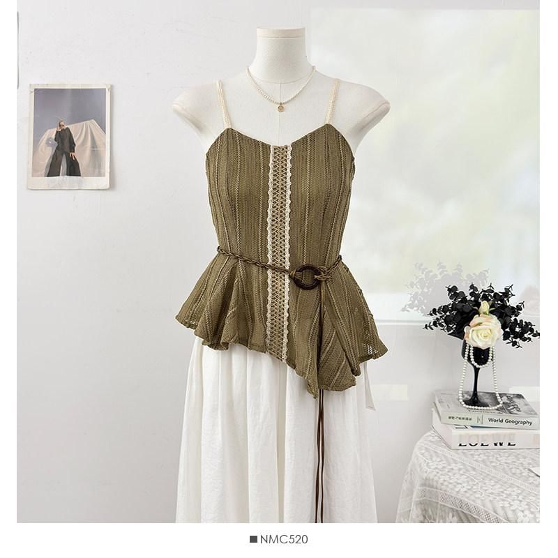 Spaghetti Strap V-Neck Lace Trim Asymmetrical Camisole Top
