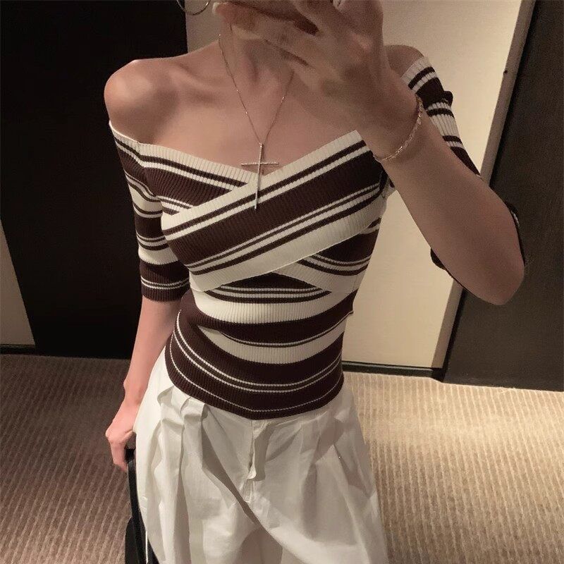 Striped Off-Shoulder Knit Tee with Short Sleeves