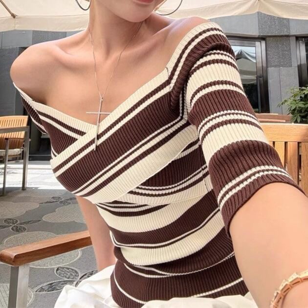 Striped Off-Shoulder Knit Tee with Short Sleeves