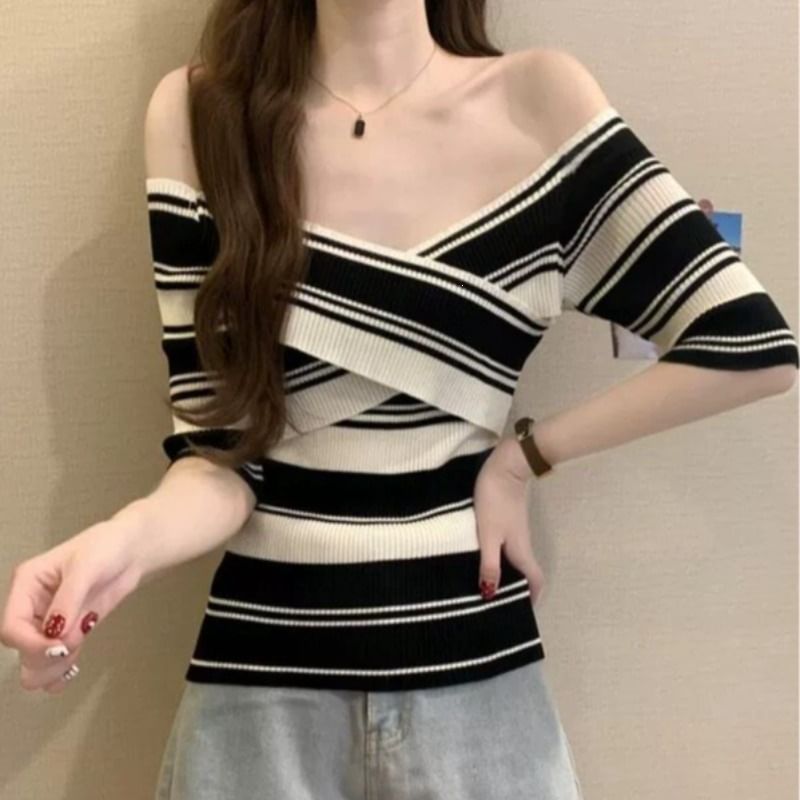 Striped Off-Shoulder Knit Tee with Short Sleeves