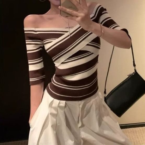 Striped Off-Shoulder Knit Tee with Short Sleeves