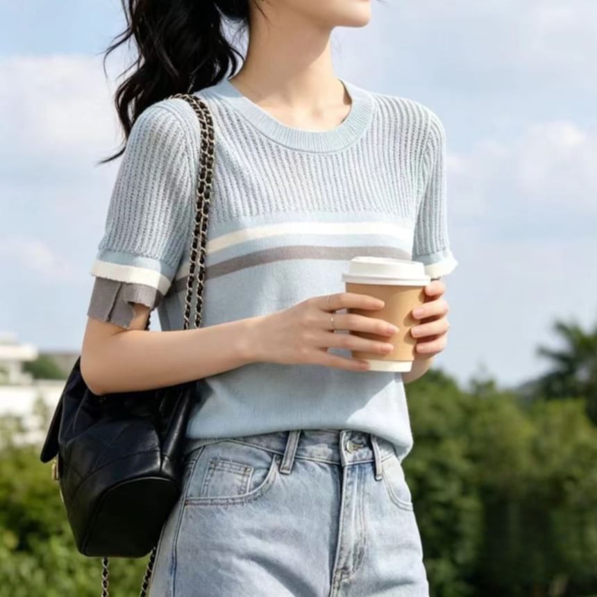 Ribbed Crewneck Knit Top with Short Sleeves
