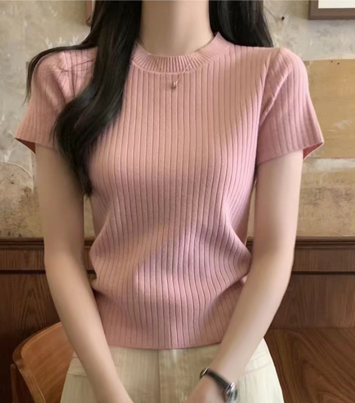 Cropped Crewneck Knit Top with Short Sleeves