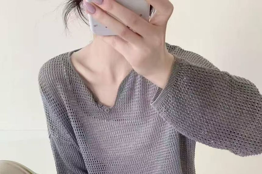 Perforated V-Neck Knit Top with Long Sleeves