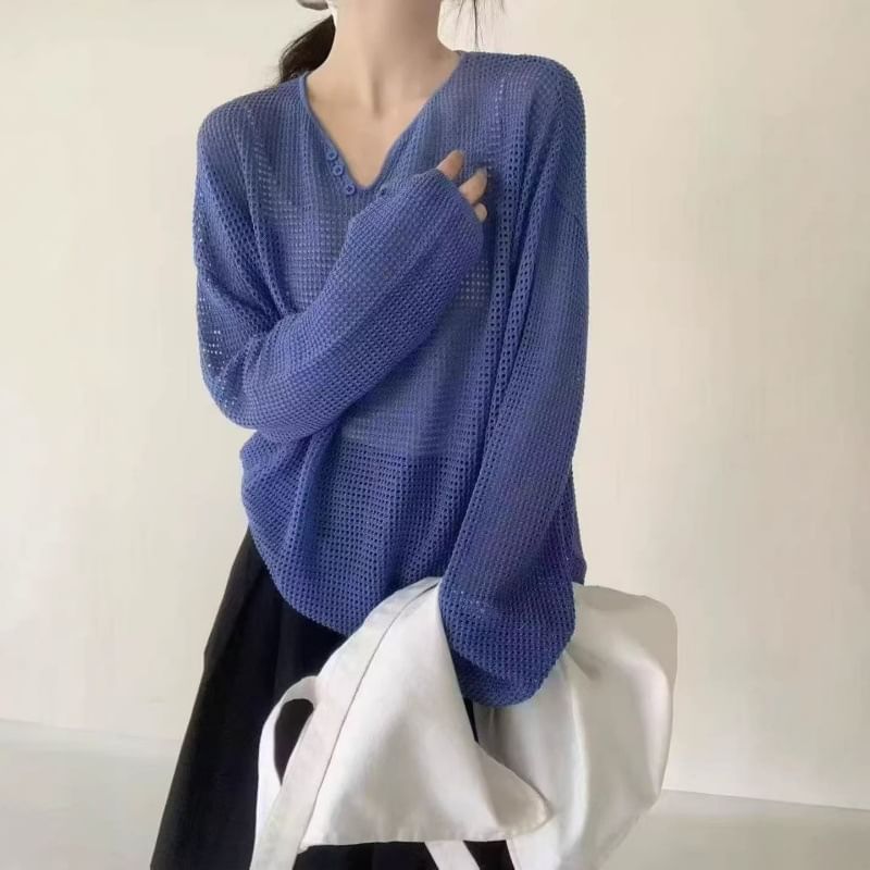 Perforated V-Neck Knit Top with Long Sleeves